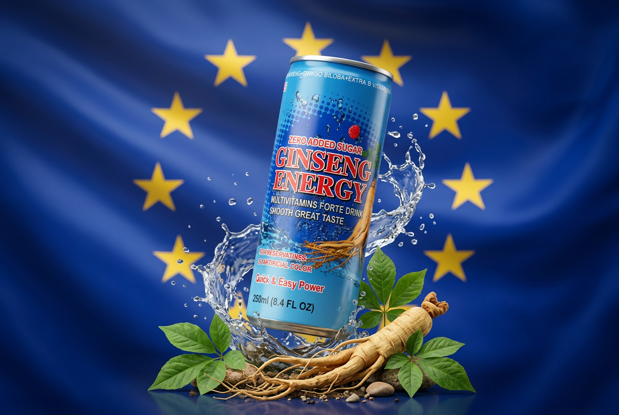 3D render of a Ginseng Energy 250ml can in front of the European Union flag